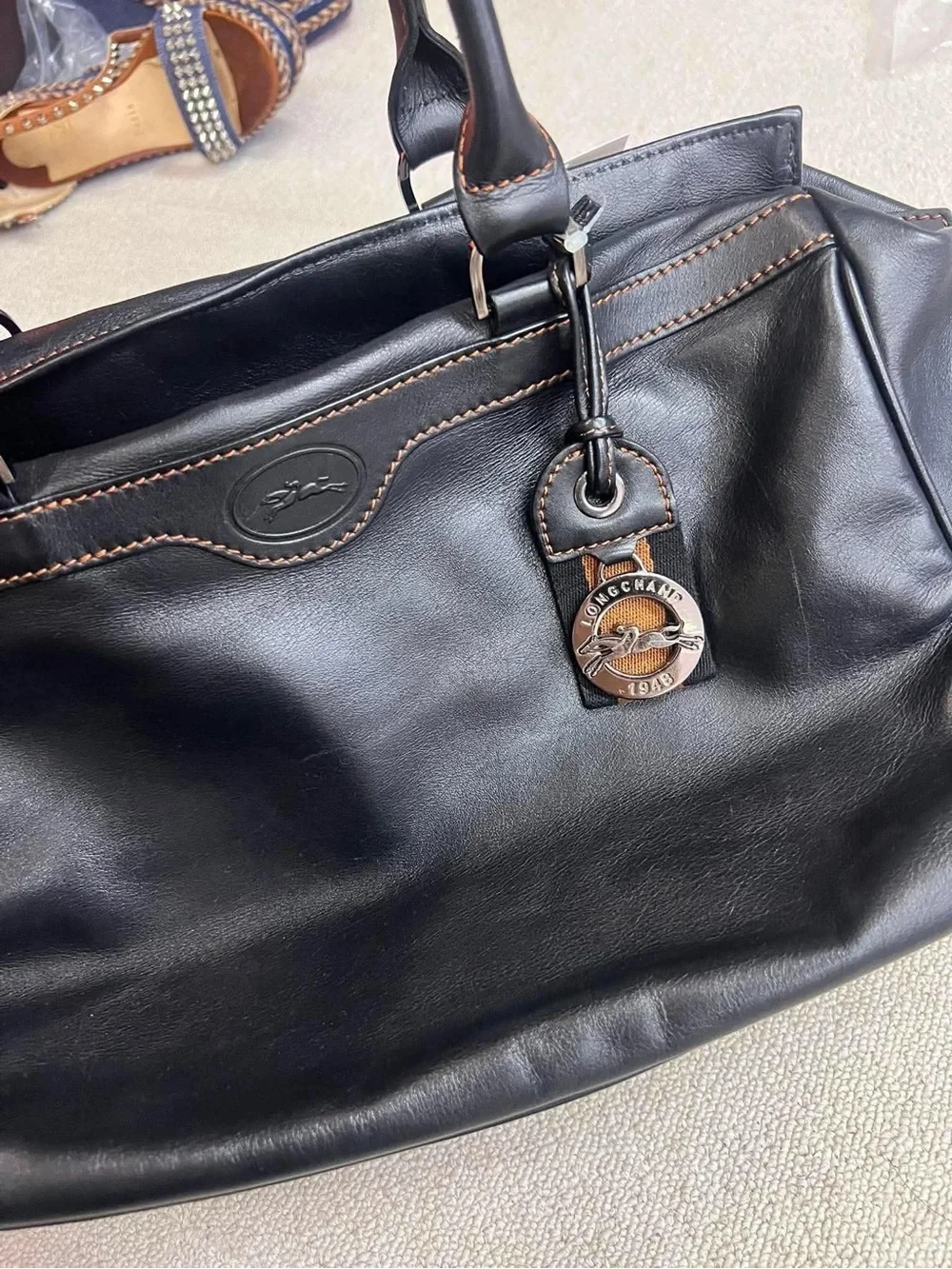 Longchamp Black Leather Tote with Brown Contrast Trim